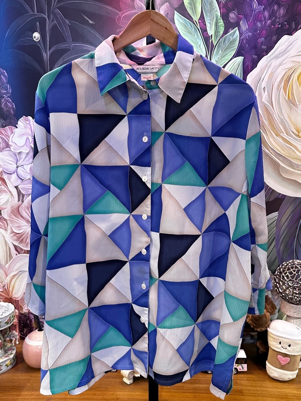 Allison Daley 18 Geometric Print Button Front Blouse Retro Mod Blue Teal Navy